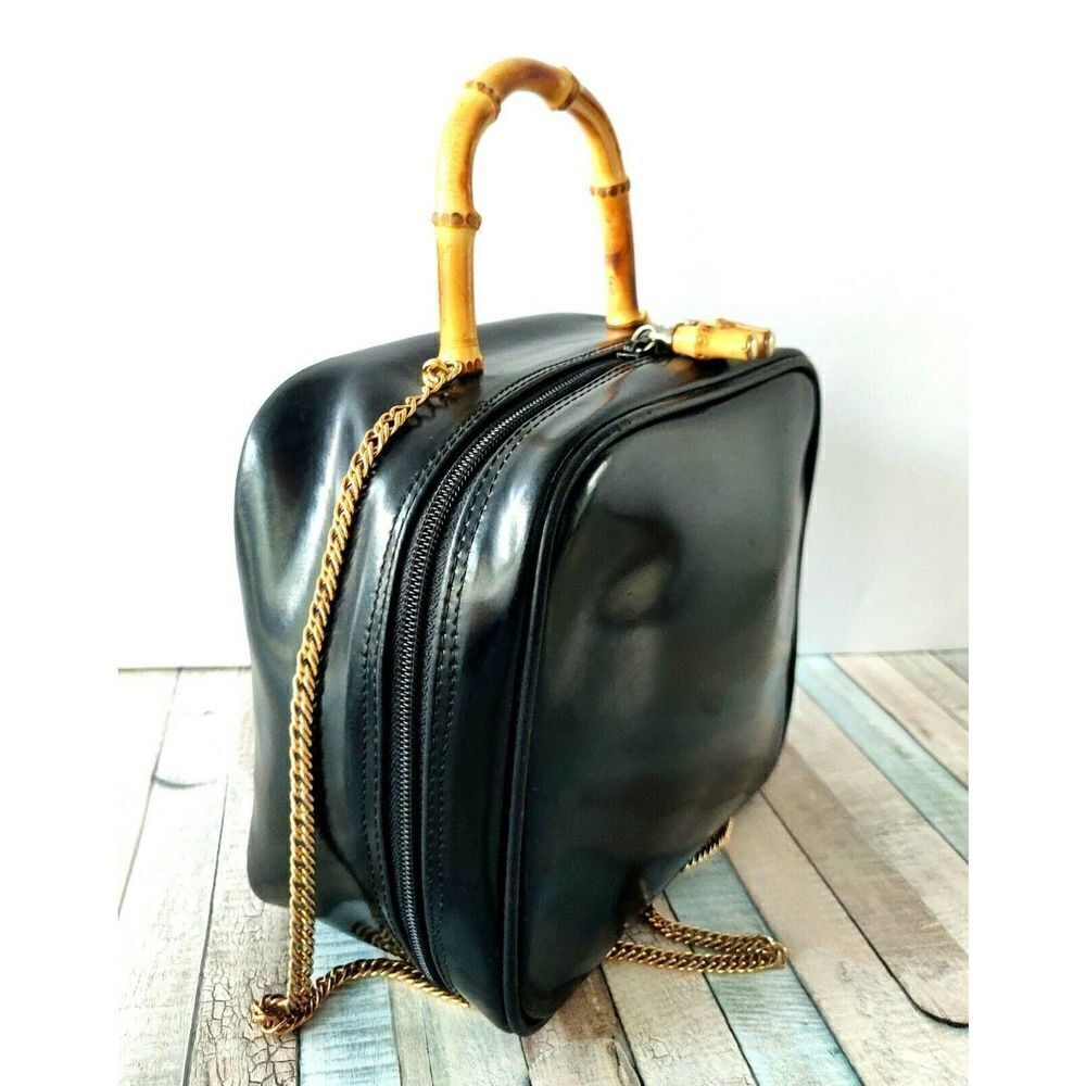 VTG CARLA MANCINI BLACK GENUINE LEATHER BAMBOO DECOR CHAIN STRAP SHOULDER BAG - Picture 6 of 12